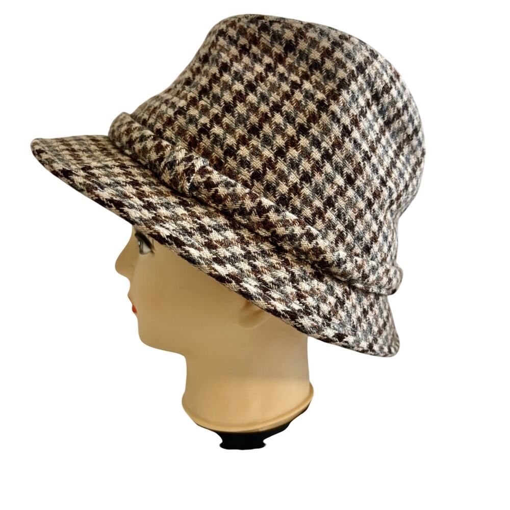 Vintage 60's Adam Wool Tweed Houndstooth Check Banded Fedora Hat Preppy Grandpa